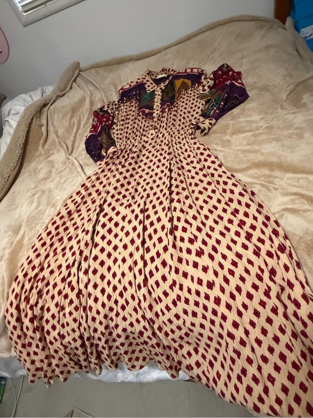 Vintage d.Frank Bohemian Cream and Burgundy Beaded Dress Hippie Festival
